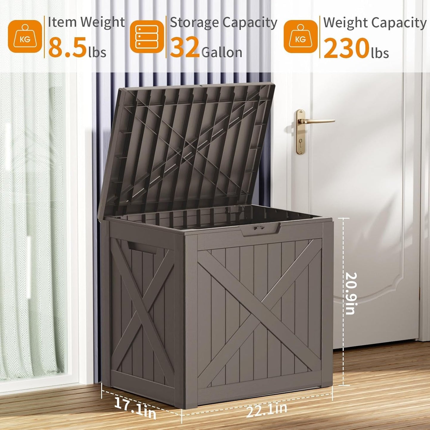 Vixzen 32 Gallon Outdoor Deck Box,Lockable Resin Waterproof Storage Box,UV Resistant,Weather Resistance,Outside Storage Bin for Gardening Tools,Pool Supplies,Grey