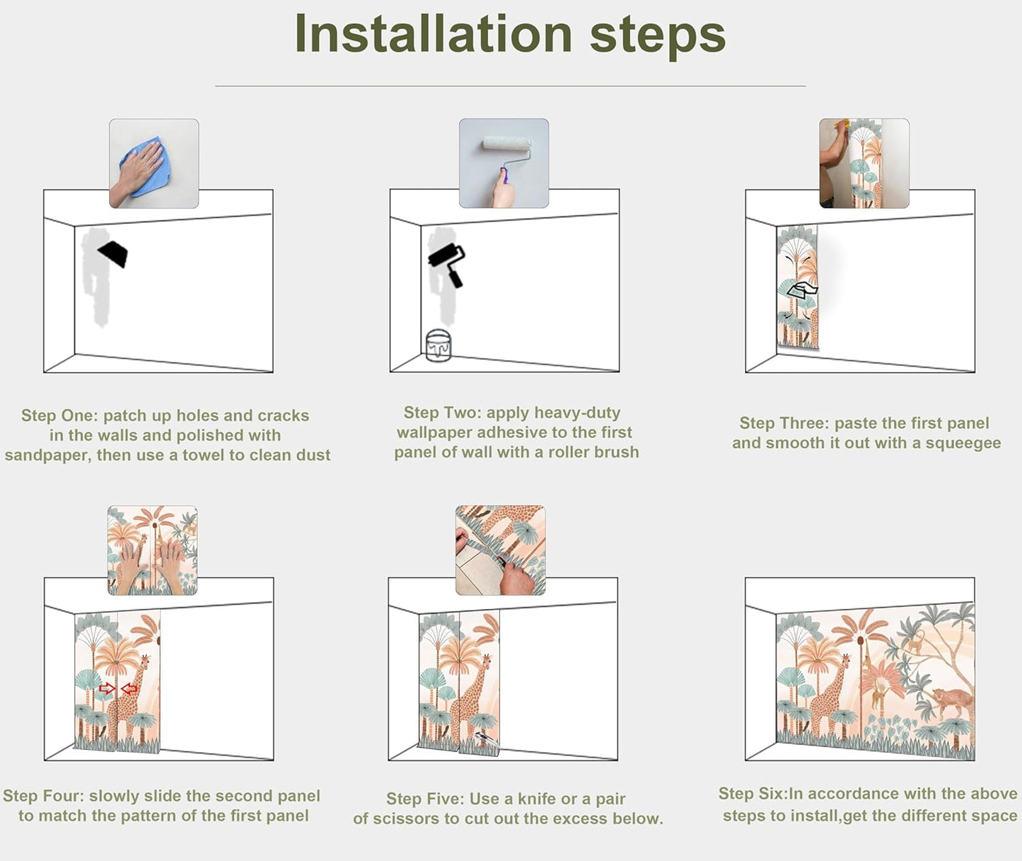 Safari Mural Wallpaper Tropical Tree Animal Large Wall Decor for Kids Room (Not Peel and Stick)