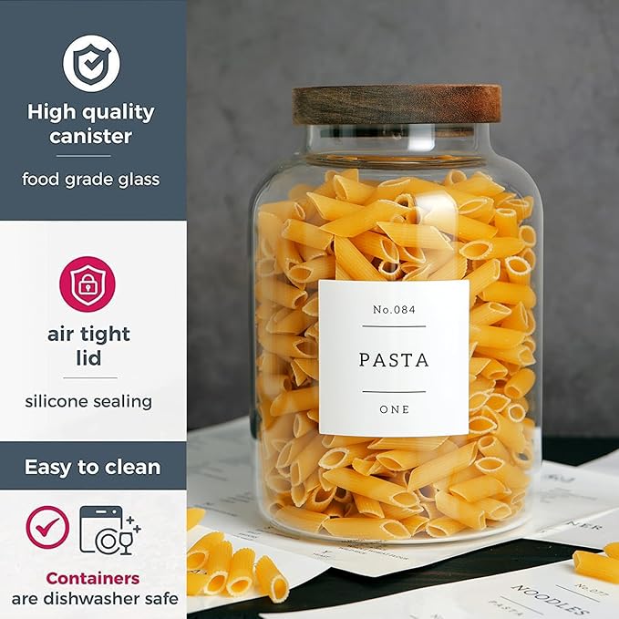 Set Of 2 Large Glass Jar with Wooden Lid with 132 Labels, Glass Storage Jars for Flour Pasta Candy Coffee Cookie and More(70 FL OZ/2000 ml)