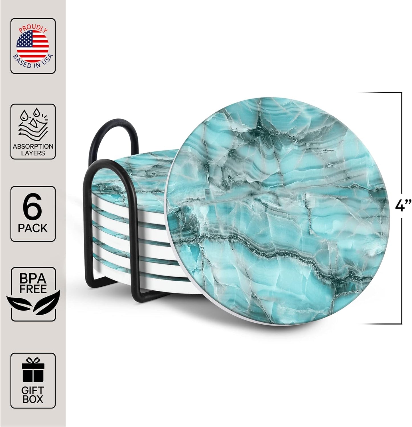 Emerson Coasters for Drinks Absorbent – Natural Stone Drink Coasters Set with Holder, Coasters for Coffee Table, Wooden Tabletop Protection Marble Style – 100% Heavy Duty Set of 6 (Aura)