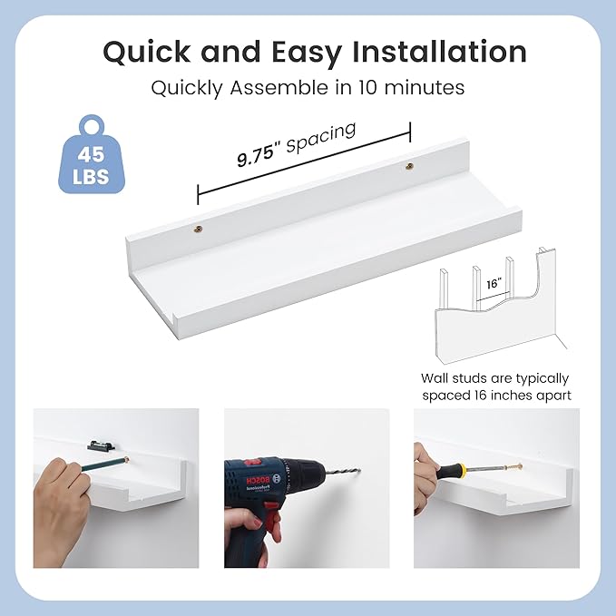 Picture Ledge Shelf for Wall, 16 inch Solid Pine Wood Nursery Book Shelves 2 Packs, Floating Ledge Shelves for Kids' Room Bedroom Bathroom Living Room Photo Frames Office Nursey Wall Decor, White