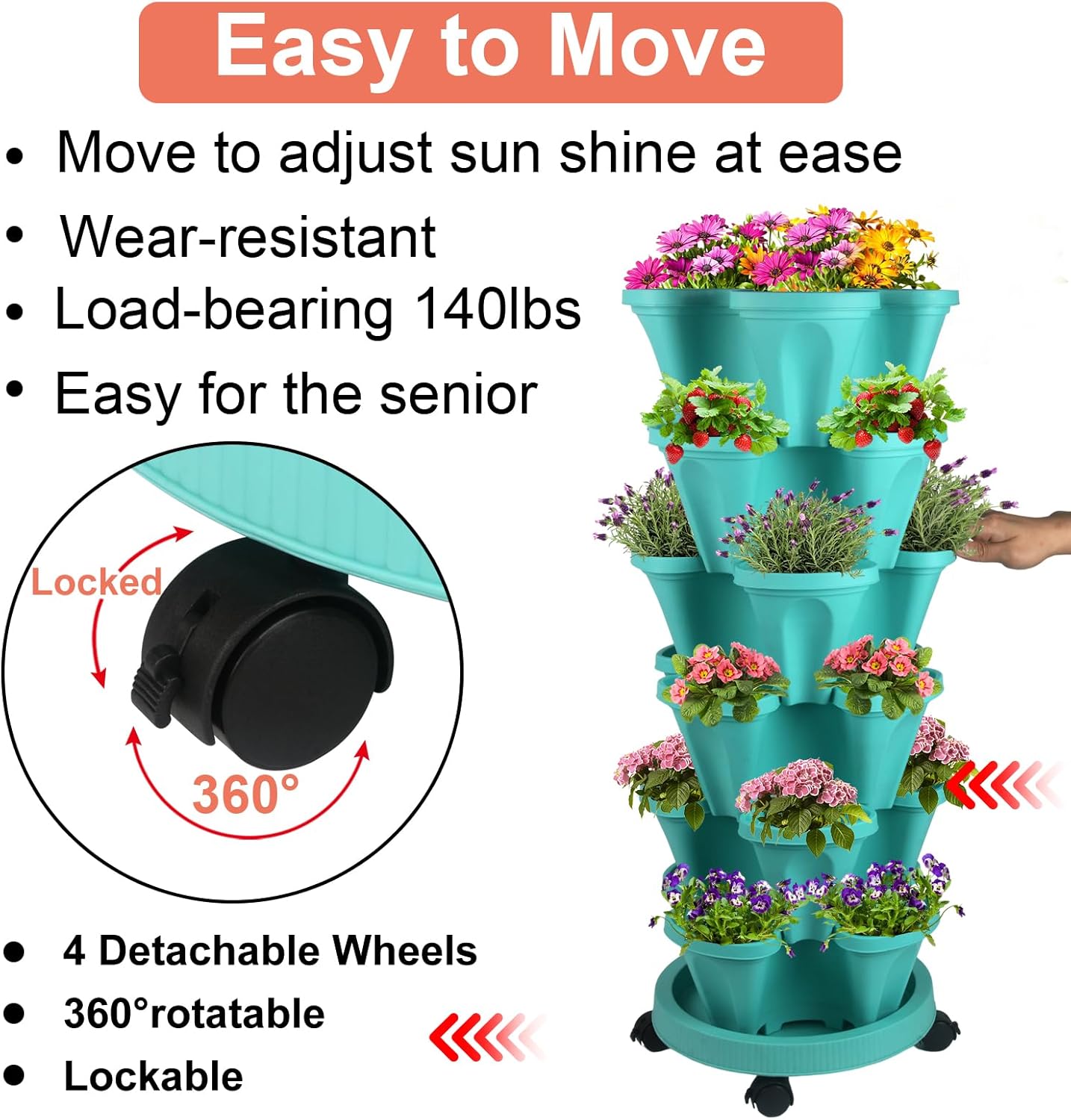 DUNCHATY Stackable Planter, Vertical Garden Planter with Wheels and Tools, Self Watering Strawberry Planter Indoor/Outdoor 6 Tier Herb Planter Pots for Growing Vegetables and Succulents, Teal
