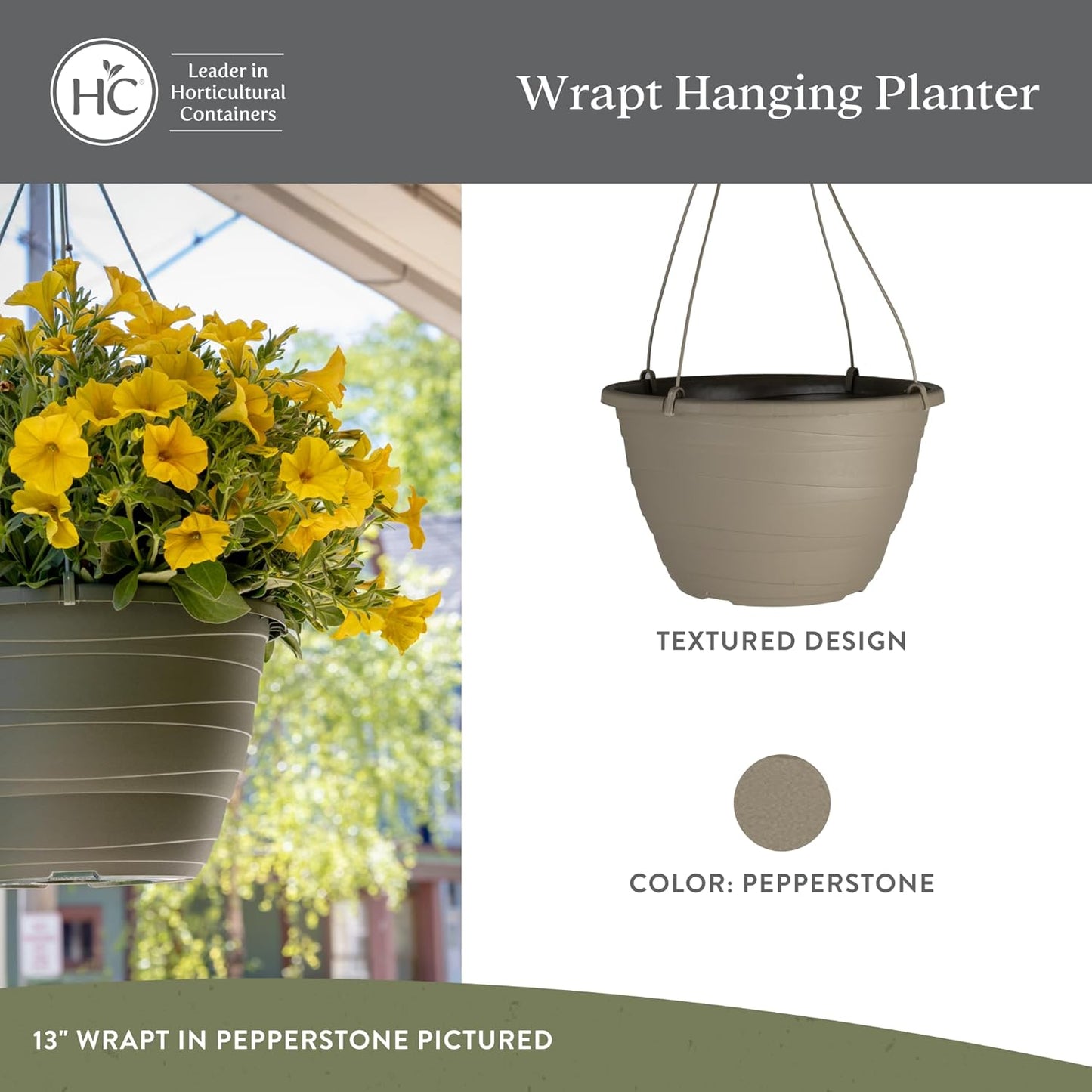 The HC Companies Wrapt Hanging Planters - Lightweight Plant Pot Hanger for Hanging Plants, Vegetables & Herbs - Outdoor & Indoor Hanging Basket for Plants (13" Pepperstone, Pack of 1)
