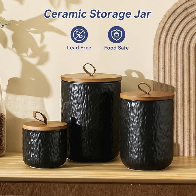 Kitchen Canisters for Countertop, Ceramic Coffee Canisters with Airtight Lids Food Storage Jars Sugar Container for Kitchen Counter Tea, Coffee Beans, Spice (#001Black-44oz/1300ml)