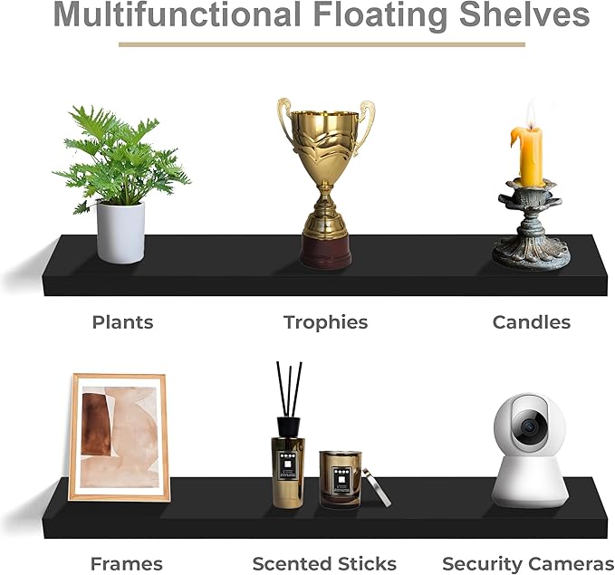 Sorbus Floating Shelves for Wall - 48 Inch Long Bathroom Shelves, Wall Decor for Bedroom, Kitchen, Living Room & Book Storage - Mounted Floating Shelf with Invisible Brackets (Black, 2 Pack)