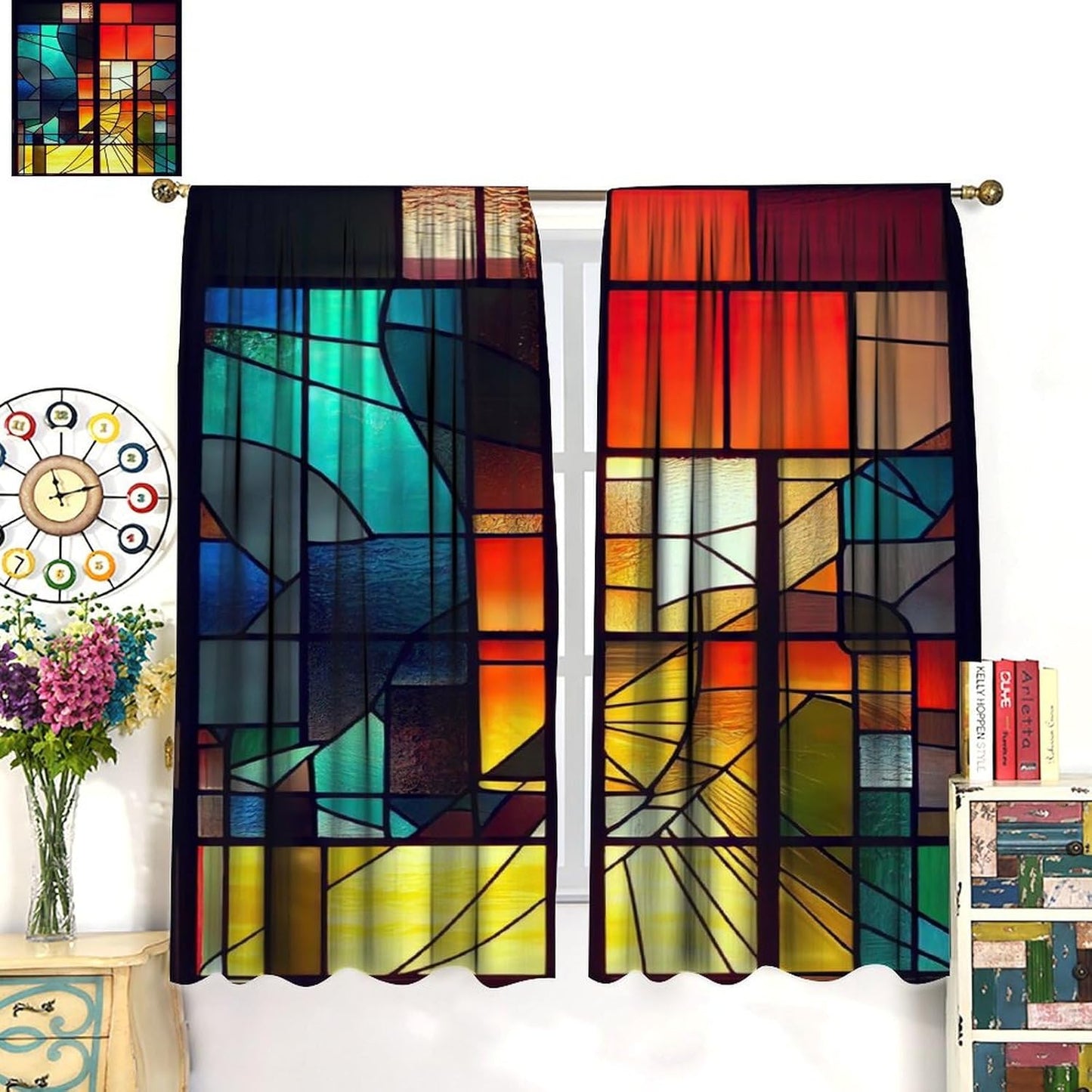Stained Glass Curtains,Retro Abstract Colorful Geometry Textures Art Home Decor Drapes for Bedroom Living Room Kitchen Window Treatment 2 Panels Set Total Size 42" W X 54" L Inch
