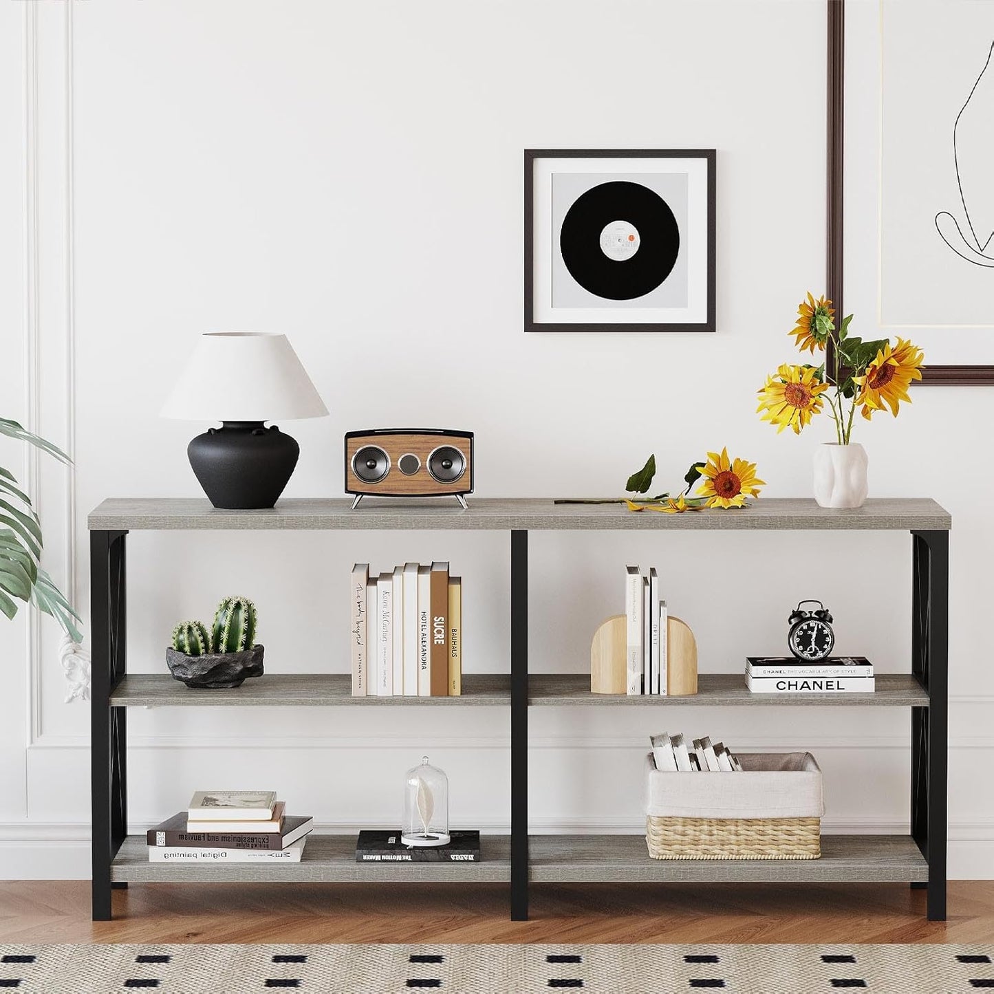 LVB Industrial Entryway Table, Farmhouse Rustic Console Table Behind Couch, Long Metal Wooden Sofa Table with Storage Shelf, Modern Foyer Hallway for Living Room Bedroom, Light Grey Oak, 63 in