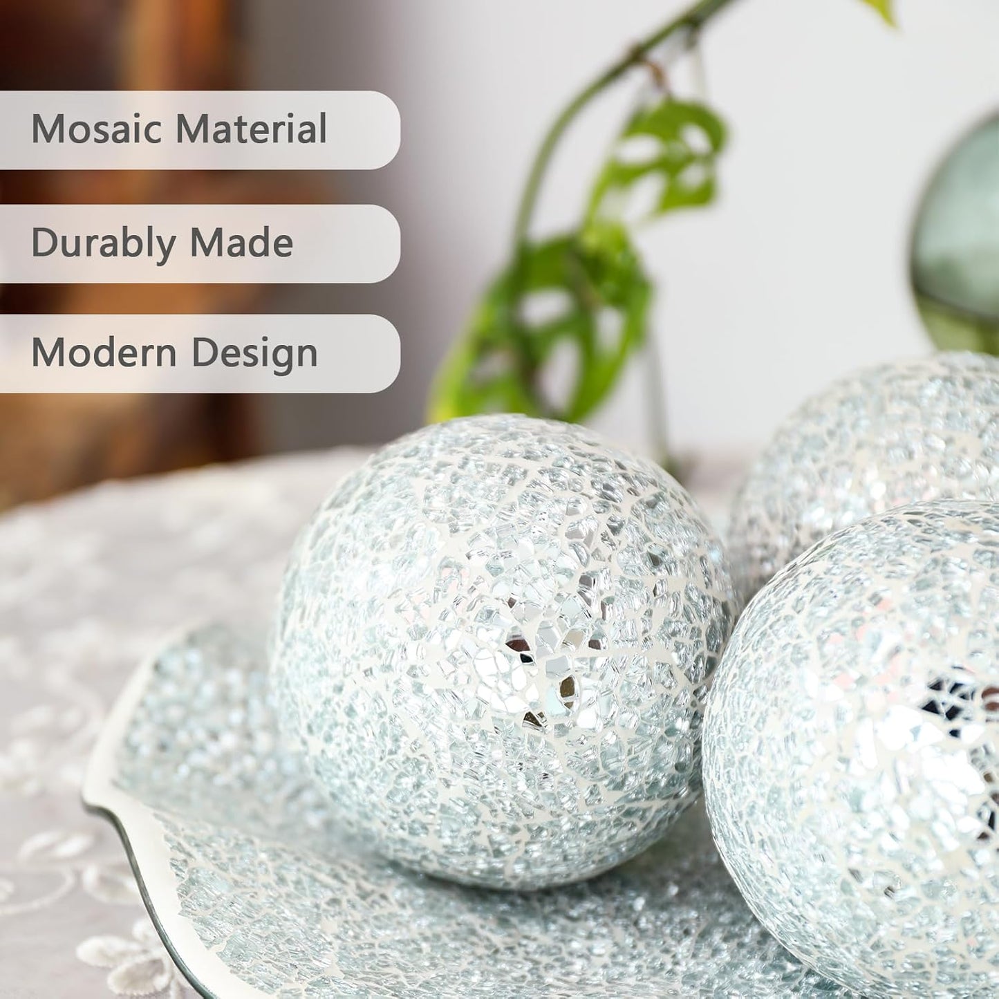 VCUTEKA Decorative Balls and Glass Bowl, 4 Inch Mosaic Sphere Balls Centerpiece Balls for Coffee Table, Home Decor, Wedding Party Decor, Silver Bowl