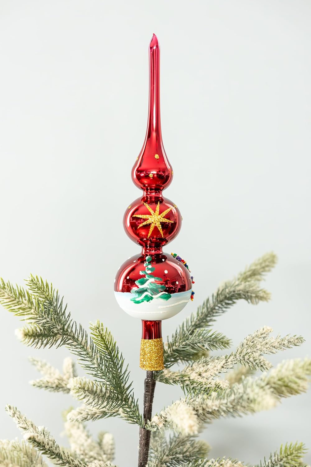 Christmas Tree Topper Spitz Glass Mouth Blown Hand-Decorated Embellishments (Burgundy, 15 inch)