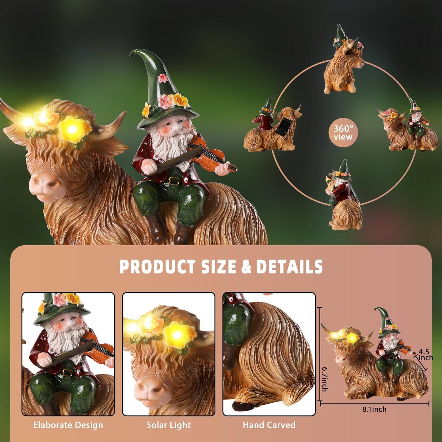 Solar Highland Cow Figurines for Garden with Gnome Playing The Violin 6.7" Resin Garden Gnomes Outdoor Patio Yard Lawn Porch Decor Birthday Housewarming Gifts for Women Mom Grandma Wife Sister Friend