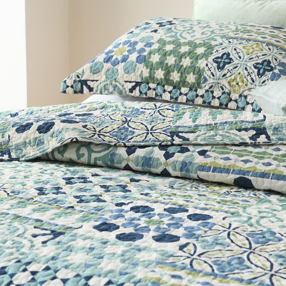 Cotton Bedspread Quilt Sets Reversible Coverlet Sets Comforters Vintage Bohemian Patchwork Bedspread (Green, Queen Size)