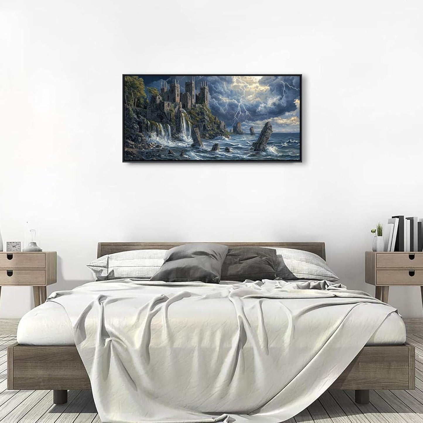 QZQCBLC Canvas Wall Art Framed, Medieval Style Vicissitudes Castle Wall Pictures for Living Room Bedroom Kitchen Bathroom Office Ocean Cliff Lightning Landscape Paintings Home Decor 20"X40"