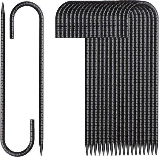 Rebar Stakes 16 Inch 20 Pack J Hook Ground Stakes Heavy Duty Tent Stakes Chain Link Fence Stakes with Chisel Point End Galvanized Steel Ground Anchors Metal Spikes Black Coated