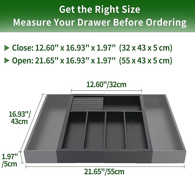 VaeFae Premium Bamboo Silverware Drawer Organizer Kitchen, Expandable Utensil Organizer with Knife Block, Cultery Tray with Divider for Flatware (Black)