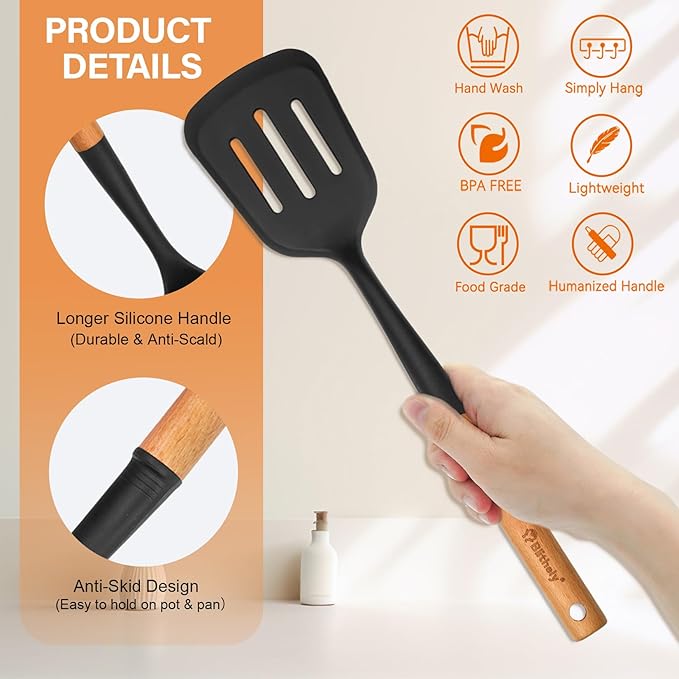 Silicone Cooking Utensils Set, 6 Pack Large Kitchen Utensils Set with Wooden Handle, Heat Resistant Silicone Utensil Spatula Set for Nonstick Cookware, Spatula, Turner, Spoon, Ladle BPA Free (Black)