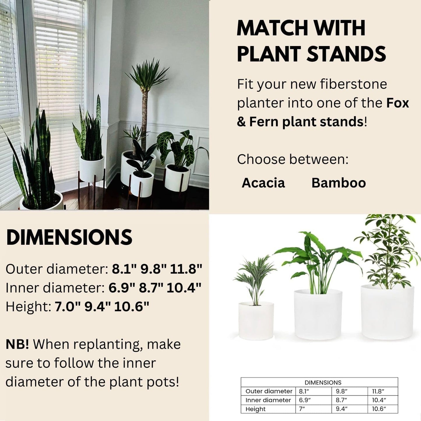 Fox & Fern Matte White Plant Pots with Drainage Plug (Set of 3) — Premium Lightweight Fiberstone 8, 10, and 12 Inch Planters for Indoor and Outdoor Use; Weather Resistant & UV Resistant
