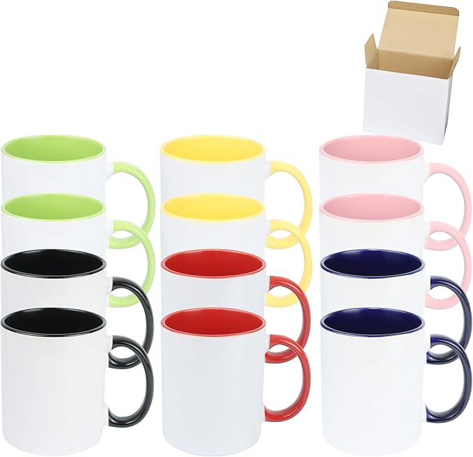 11oz White Ceramic Sublimation Coffee Mug in White Gift Box (6 Mixed Colors, 12)