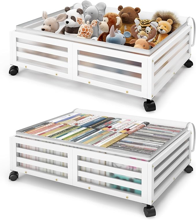 Under Bed Storage Containers With Wheels - 2 Pcs Bamboo Wood Rolling Underbed Shoe Storage Bins With Dust Bags for Clothes Blankets, Duvet Covers Snacks Toys (White)