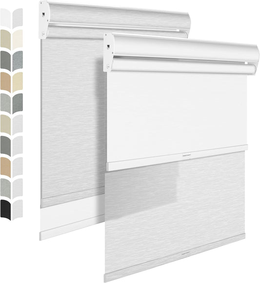 BERISSA Cordless Dual Roller Shades with Cassette Valance, Double Blackout & Light Filtering Shades, Day and Night for Home Office Door. Striped Jacquard White. 65 W x 64" H