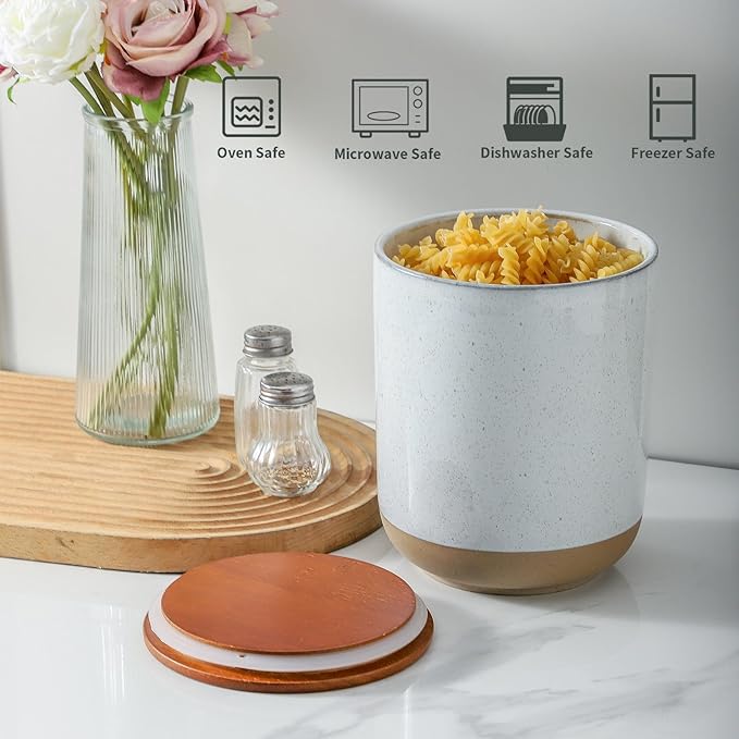 Hasense Ceramic Canister with Airtight Lid for Kitchen Counter, 80 Ounce Large Ceramic Food Storage Jar with Seal Ring for Serving Flour, Grain, Cereal, Pasta, Coffee, Sugar and Tea, Greyish White