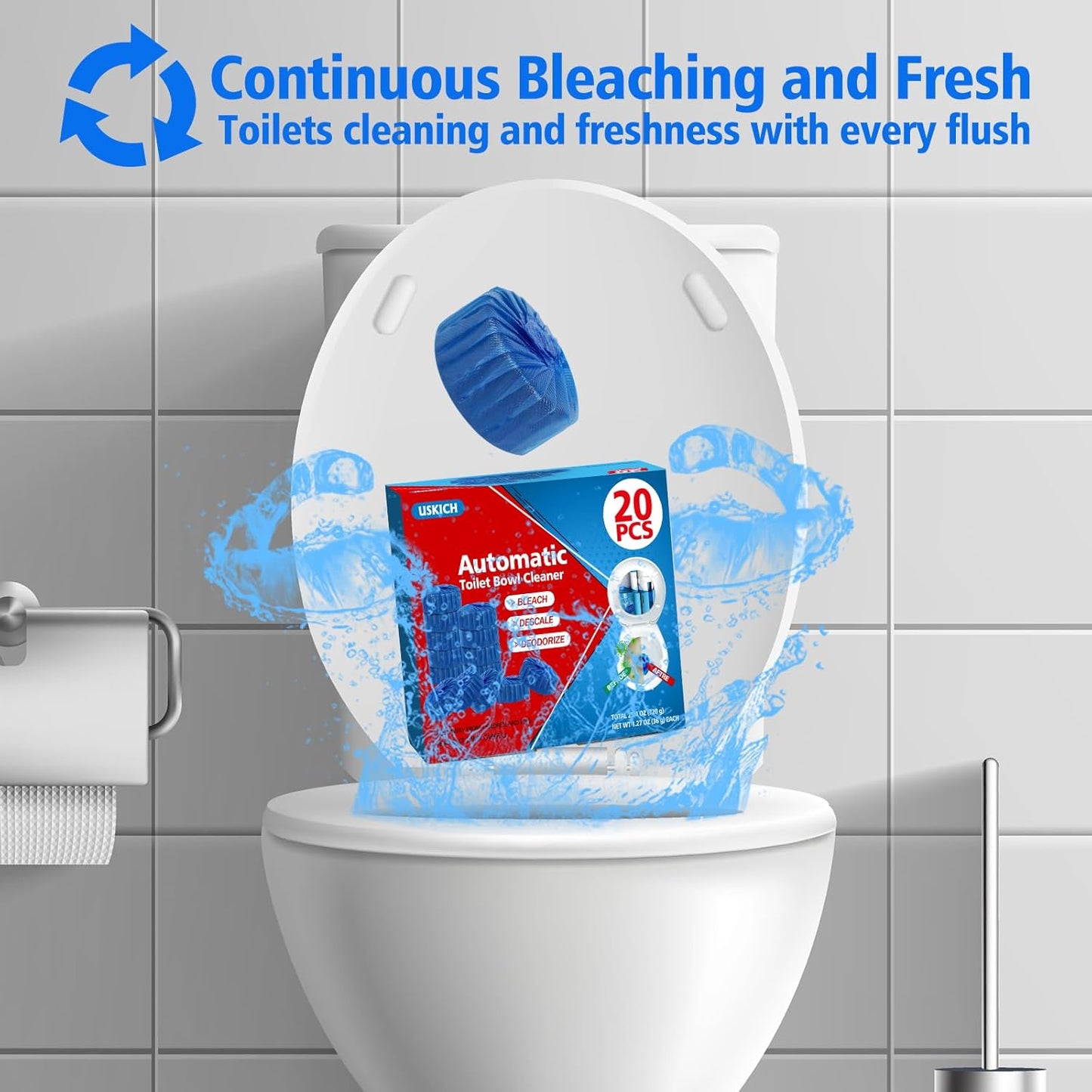 USKICH Toilet Bowl Cleaner Tablets 20 PACK, Bathroom Automatic Toilet Tank Blue Cleaners with Bleach, Slow-Releasing Household Toilet Cleaners for Deodorizing, Descaling, against Tough Stains