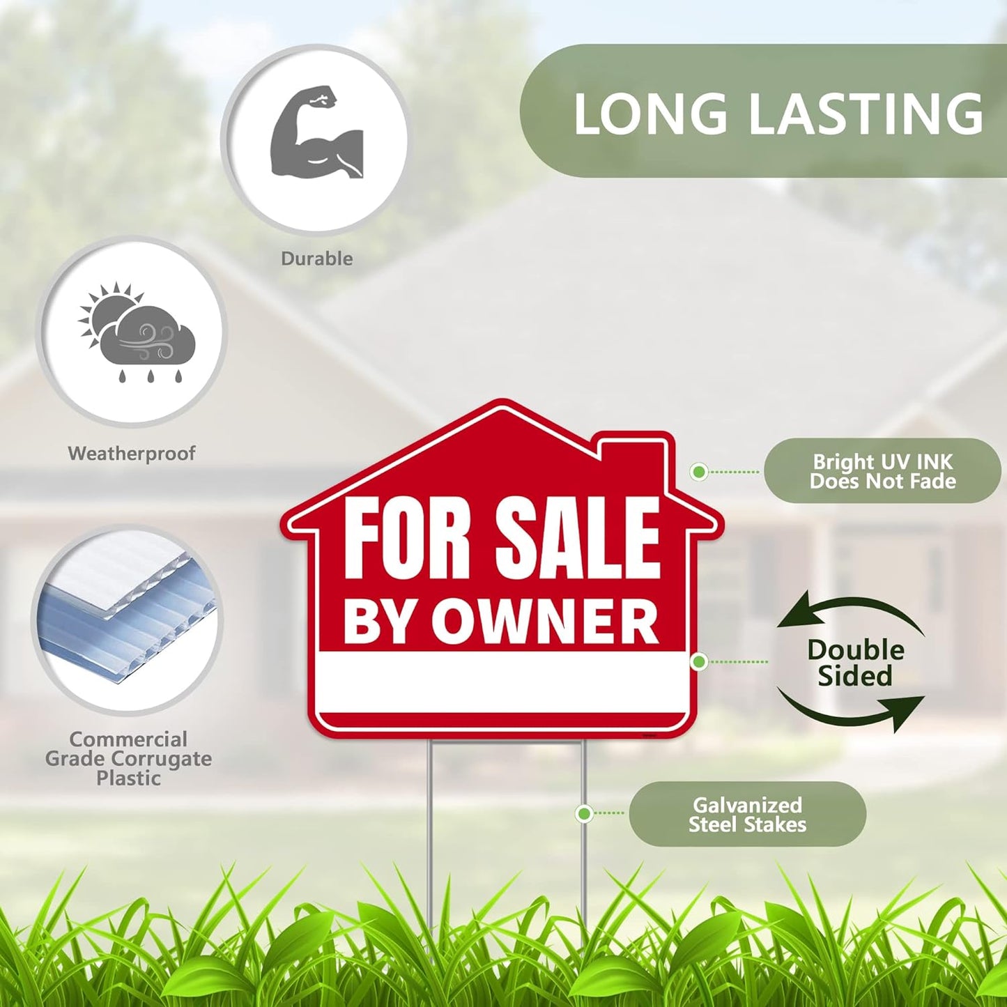 1PC For Sale By Owner Sign with Stakes, 17 Inches by 13 Inches - Double Sided Signs - Corrugated Plastic - FSBO Yard Sign for Home House Real Estate