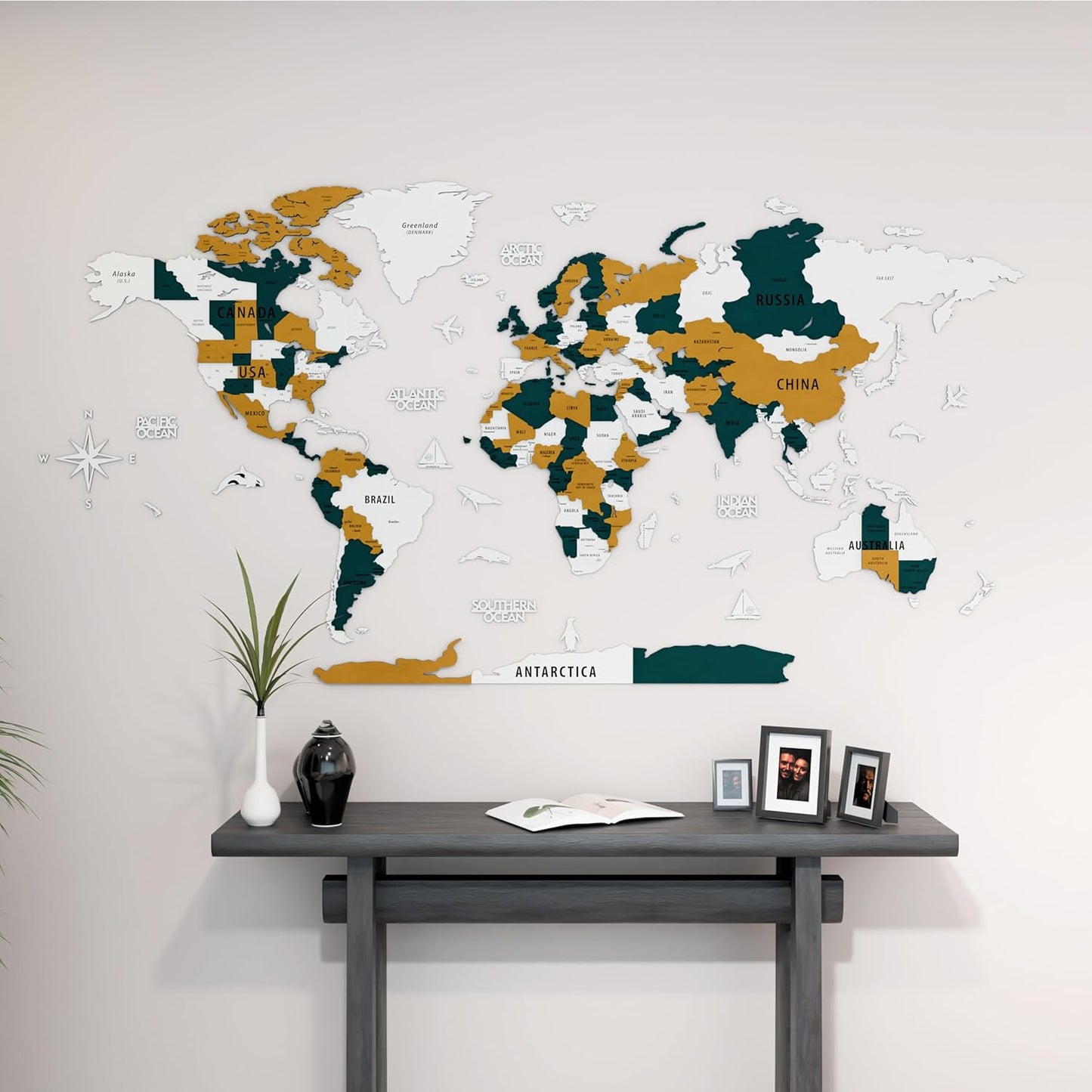 Colorfull Worlds 3D Wooden World Map Wall Art | Unique Wall Decor with Pins for Travel Enthusiasts | Home and Office Wall Décor | Gold-Blue | Large