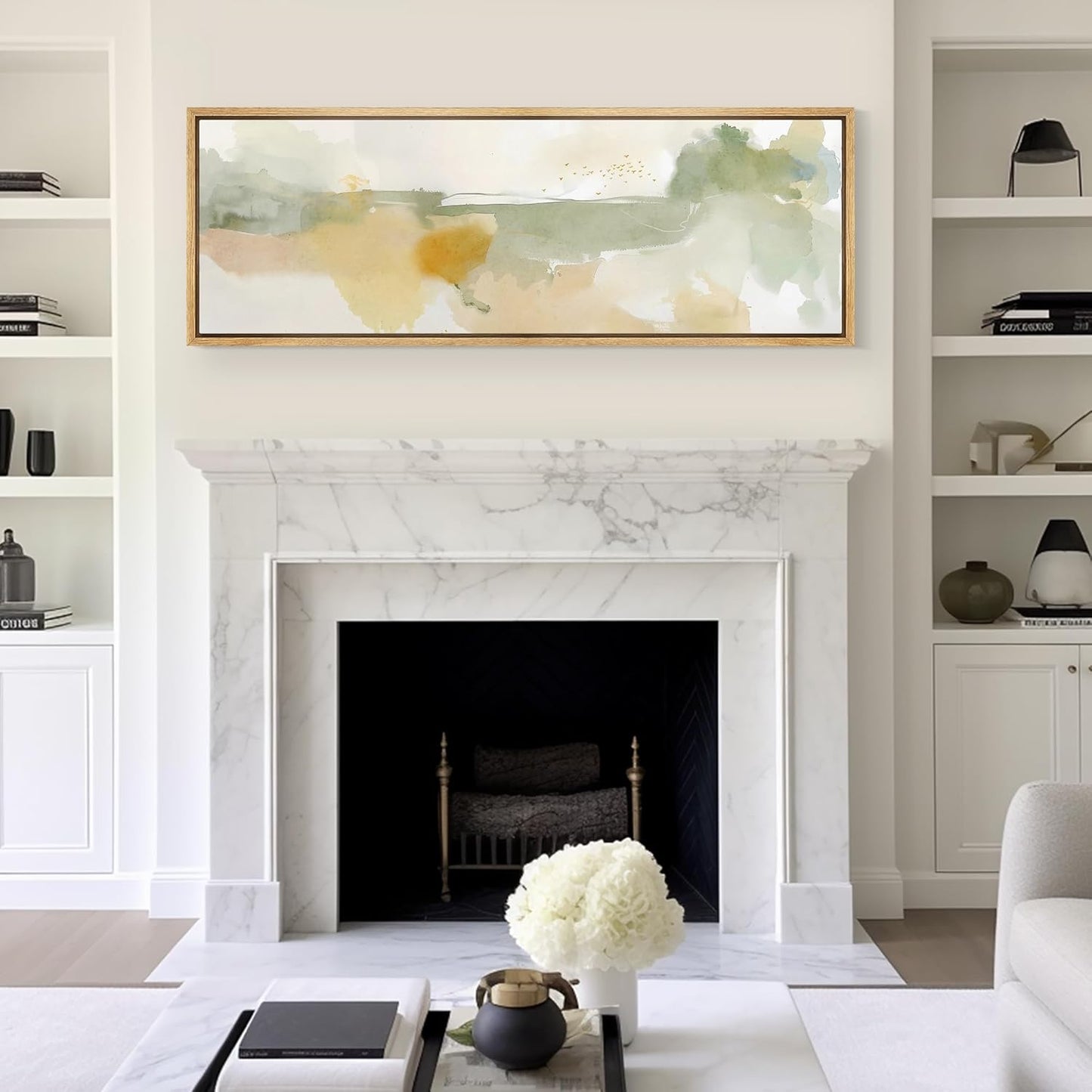 MUDECOR Large Framed Canvas Print Wall Art Serene Watercolor Landscape in Green and Yellow Tones Antique Retro Fine Art Illustrations Decorative Colorful for Bedroom - 60"x20"