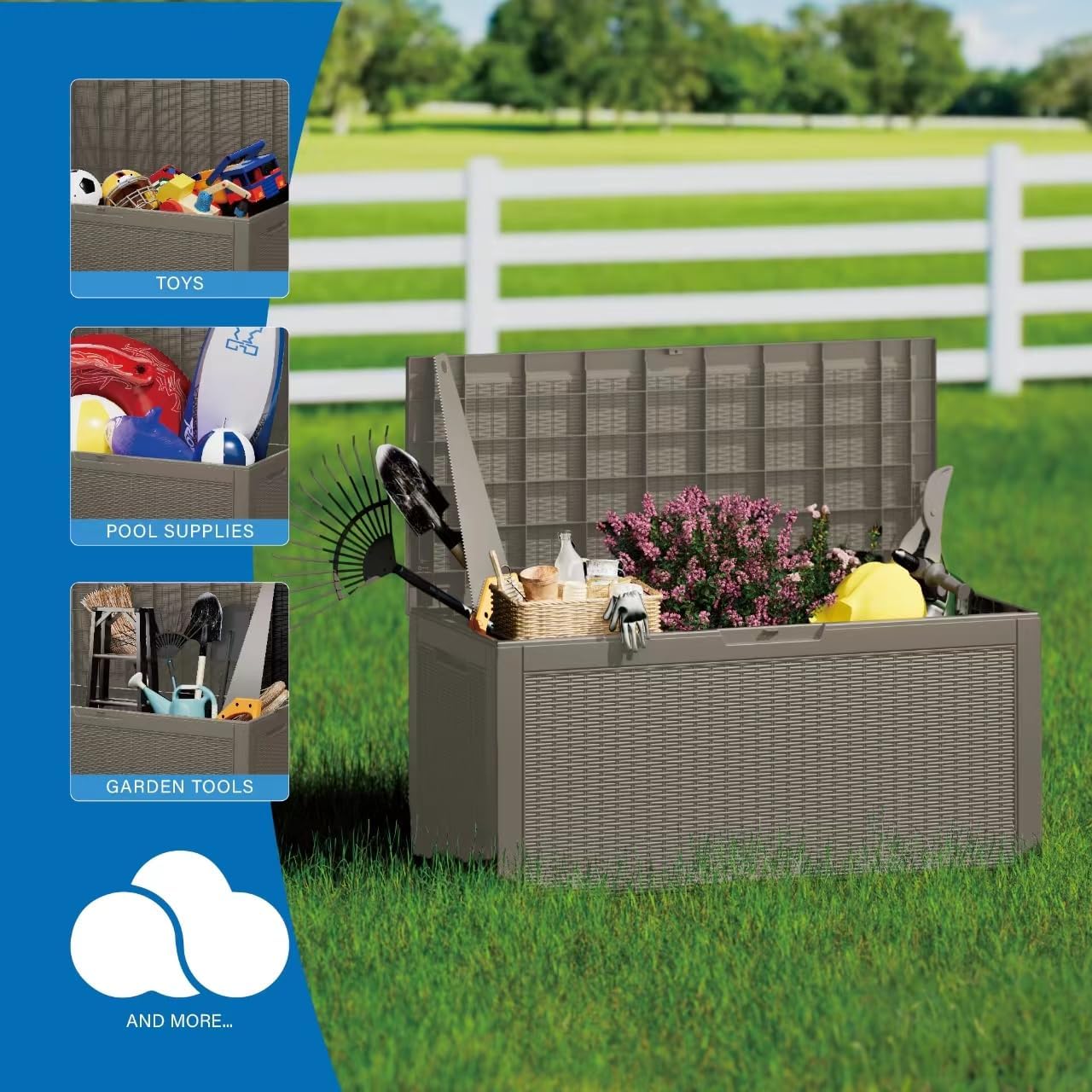 100 Gallon Double-Wall Resin Deck Box - Lockable Waterproof Outdoor Storage Box, 1000lbs Capacity & Doubles as Seating for Patio Furniture - Garden Tools, Pool Accessories (Brown)