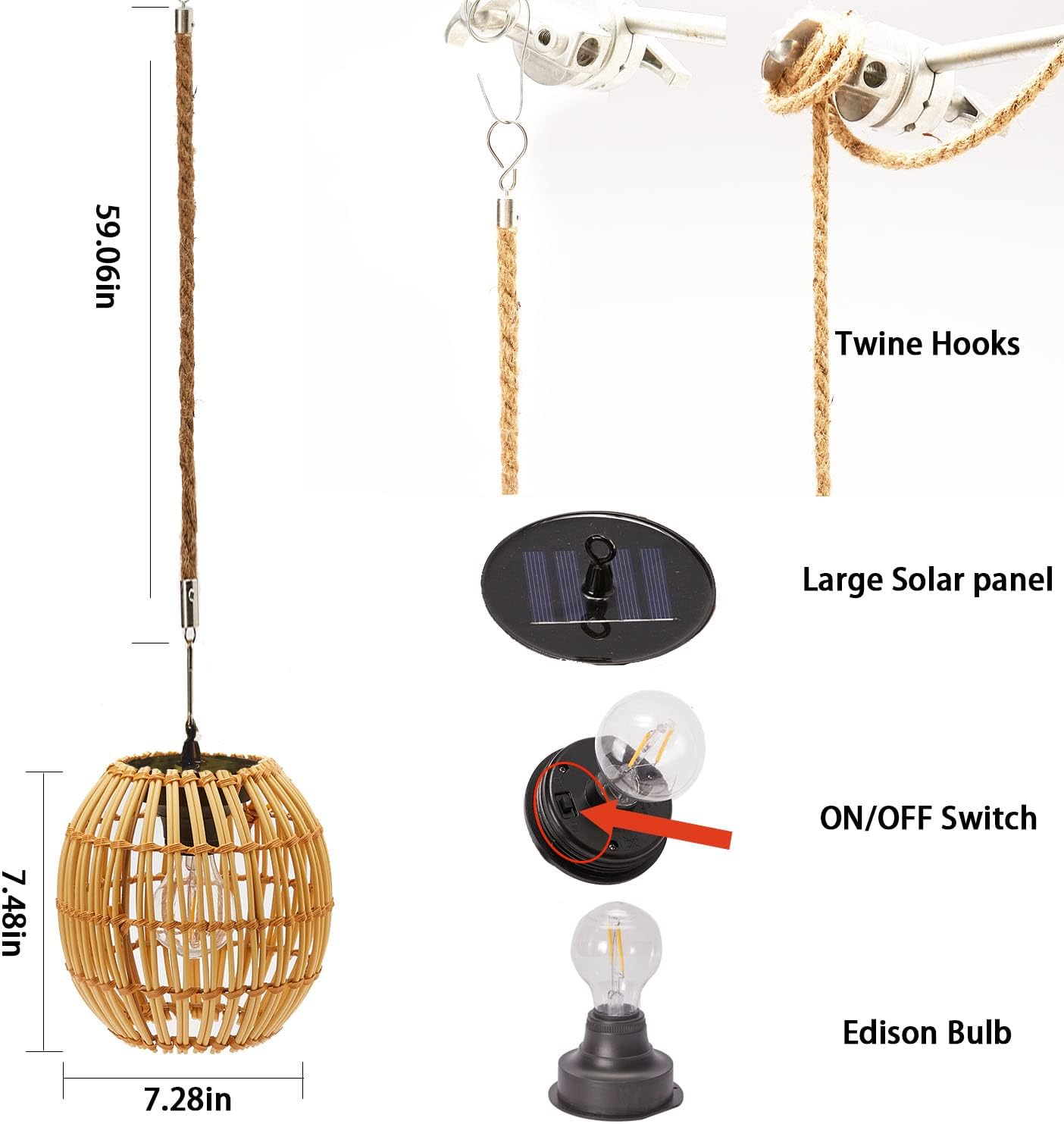 Livinlarge Hanging Solar Lantern Outdoor Waterproof, Large Solar Rattan Lantern Outdoor with Twine Handle, Bright Outdoors Hanging Lights with Edison Bulb for Garden Patio Yard Decoration