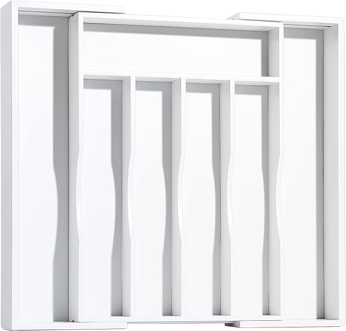 Bellsal White Silverware Organizer Kitchen Drawer Organizer Expandable Bamboo Utensil Holder Cutlery Tray for Kitchen Utensil and Flatware Bedroom Office