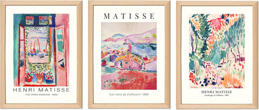 Wooden Framed Matisse Wall Art Set of 3 Abstract Henri Matisse Posters Vintage Flower Market Canvas Prints Open Window Painting Artwork Picture Aesthetic Room Decor for Bedroom Living Room 16x24in