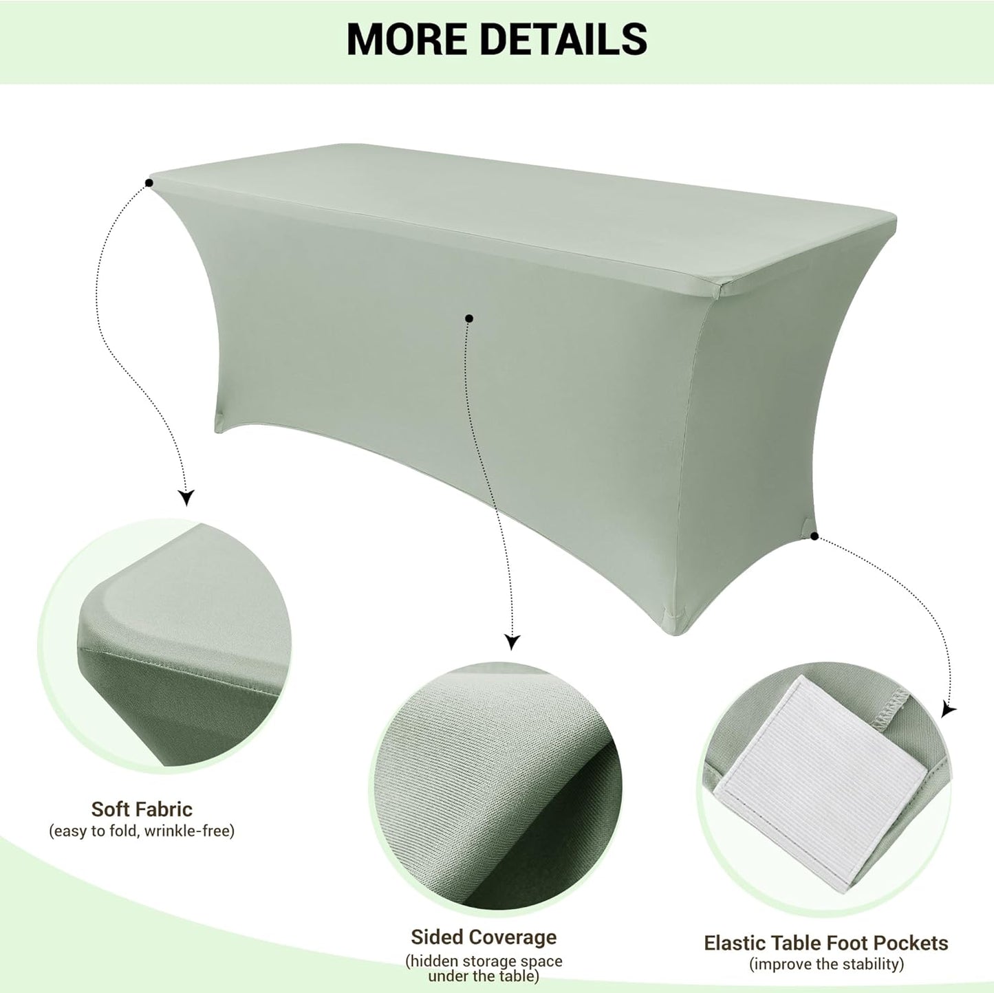 Obstal 2PC Sage Green Tablecloth - 6ft Rectangle Spandex Table Cover for Party, Events, Banquets & Weddings, Machine Washble