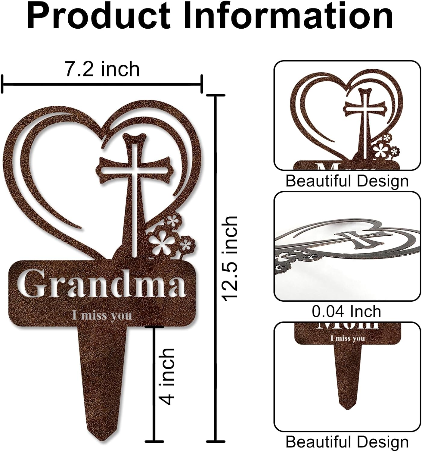 Grandma Memorial Grave Stake, Cemetery Decorations for Grave Markers 12.5 x 7.2 inch Heart Metal Sympathy Stakes Graveside Plaque Decor Sign for Grandma Graves, Yard, Garden - Rust-Grandma