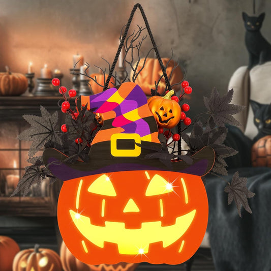 Halloween Pumpkin Decorations, Lighted Jack-O-Lantern with Maple Leaves Berries Witch's Hat, Halloween Wreaths Door Sign Wood Pumpkin for Front Door Indoor Outdoor Yard Party Cartoon Hanger Decor
