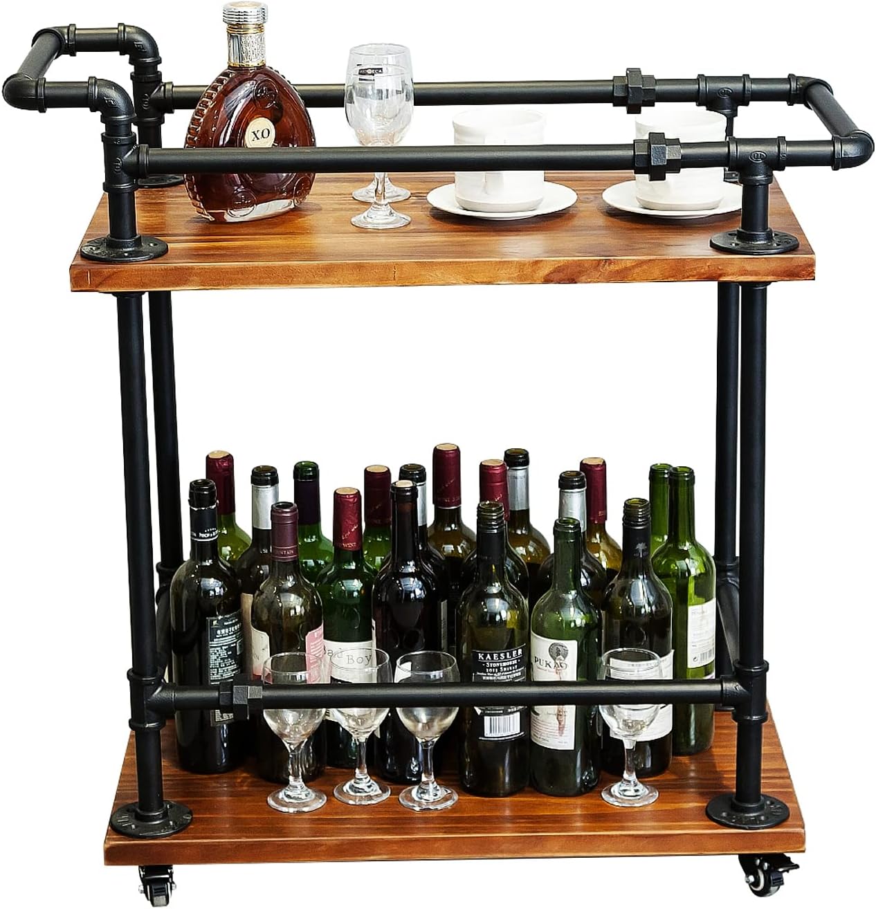 Industrial Pipe Bar Carts/Serving Carts/Kitchen Carts/Wine Rack Carts on Wheels with Shelves - Wood Rolling Carts - Wine Tea Liquor Shelves/Holder - Home Furniture