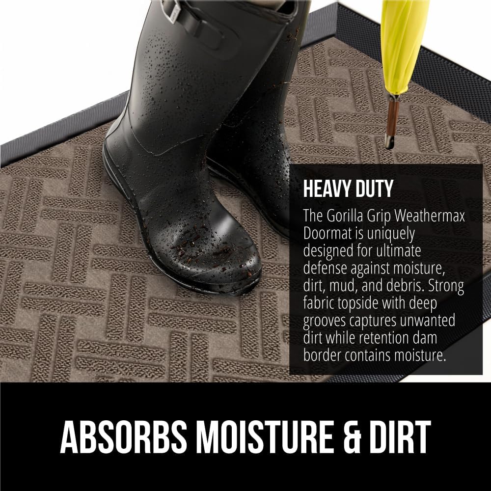 GORILLA GRIP 100% Waterproof All-Season WeatherMax Doormat, 47x35, US Designed Natural Rubber, Stain and Fade Resistant, Low Profile Indoor Outdoor Door Mats, Easy Clean Patio Mat, Taupe Basket Weave