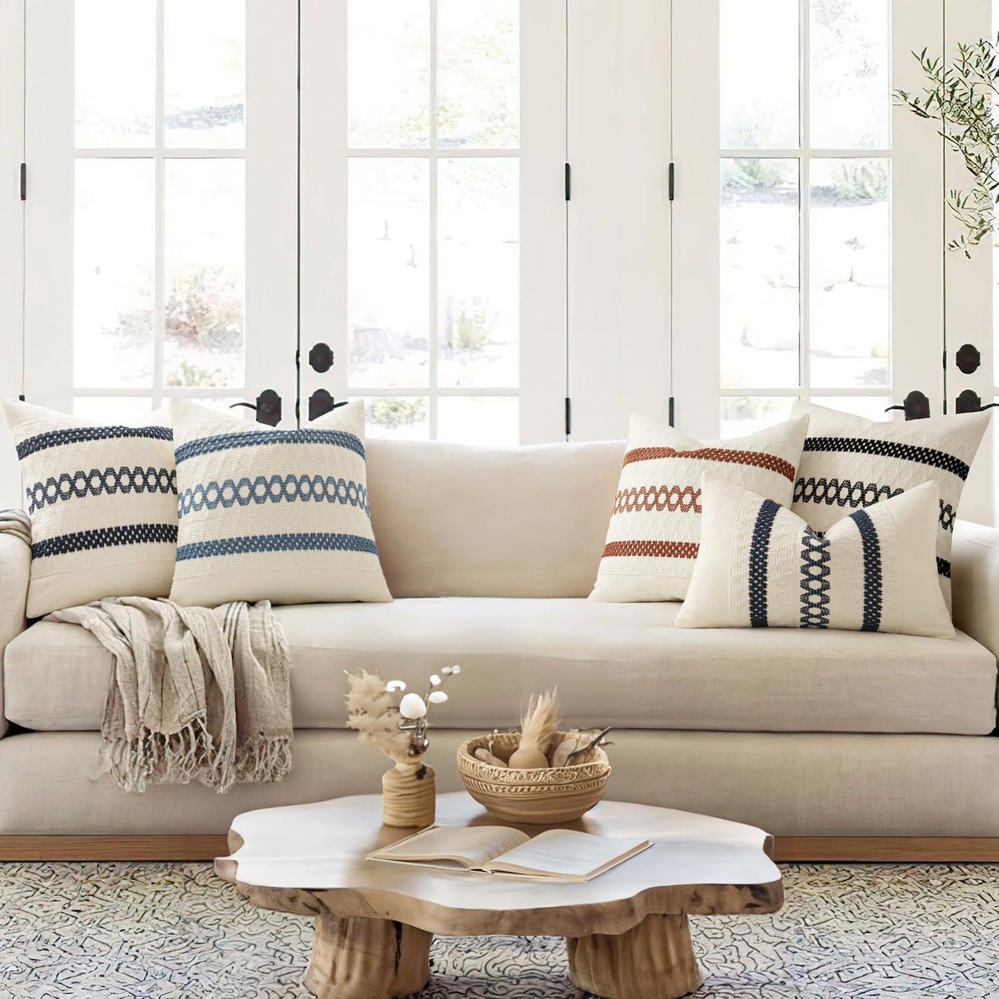 MIULEE Set of 2 Coastal Blue Boho Decorative Pillow Covers 20x20 Inch Farmhouse Rustic Couch Throw Pillows Modern Summer Cotton Cushion Covers Retro Cute Macrame Woven Home Decor for Bed Sofa Chair