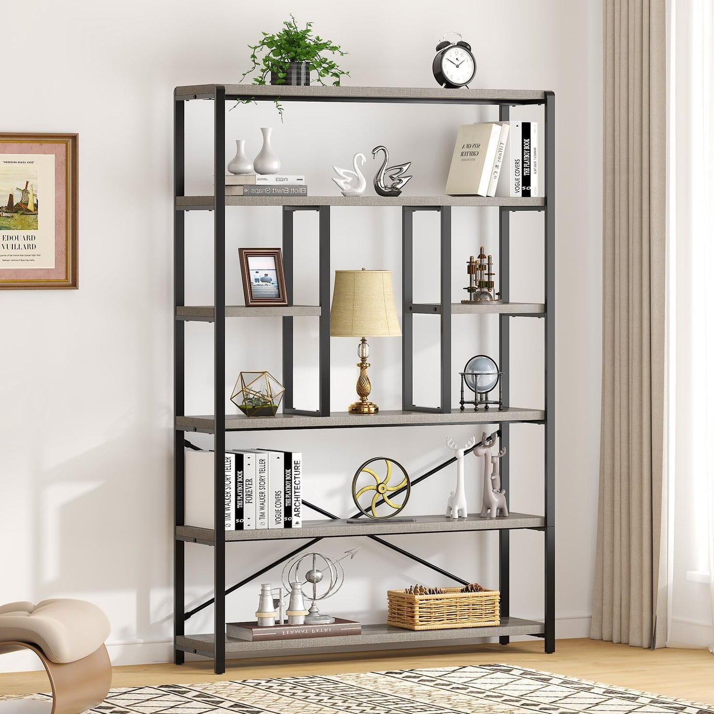 LVB Industrial 6 Tier Bookshelf, Large Tall Open Rustic Vintage Etagere Bookcase, Gray Big Wide Modern Farmhouse Wood and Metal Book Shelf for Home Bedroom Living Room Office Storage, Light Grey Oak