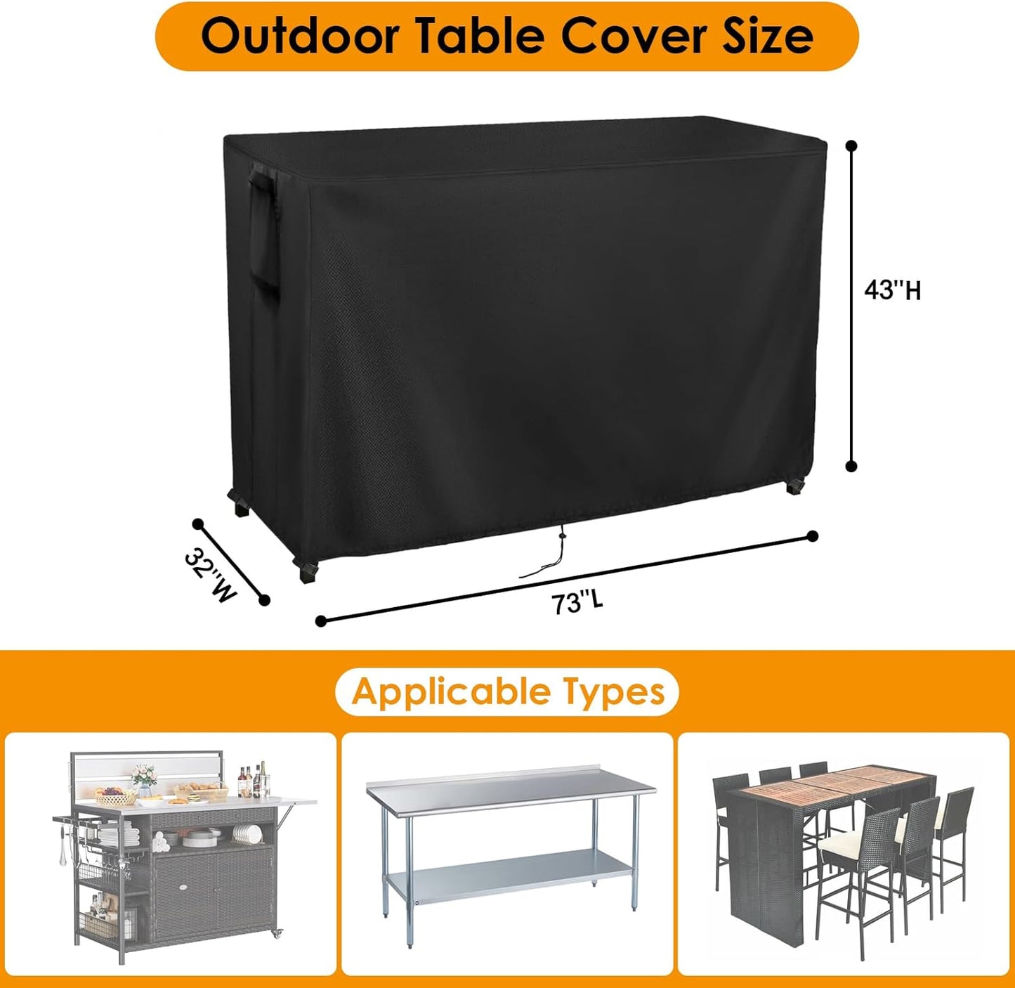 Kingling Outdoor Table Cover for Outdoor Bar Table, 73 Inch Waterproof Bar Height Patio Table Covers Outdoor Bar Prep Cover - 73''L x 32''W x 43''H