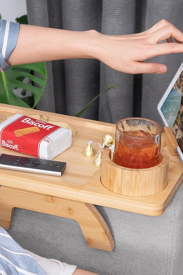 Sofa Arm Tray, Bamboo Large Couch Cup Holder, Portable Anti-Spill Sofa Armrest Tray for Beverage, Snacks, Phone, Remotes
