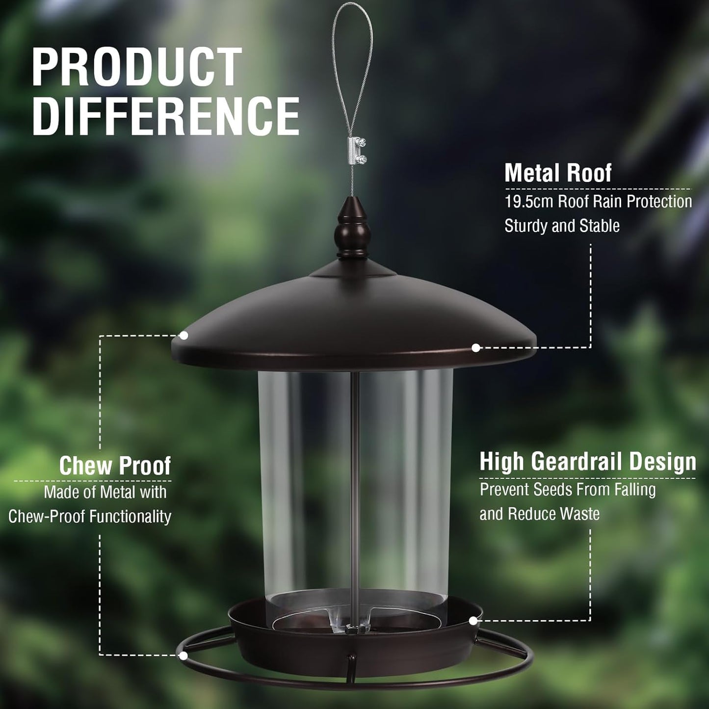 Metal Bird Feeder for Outdoors Hanging,3.0LB Seed Feeder,Easy to Fill & Clean,360° Feeding,Weatherproof Roof for Gardens and Wild Birds,Brown