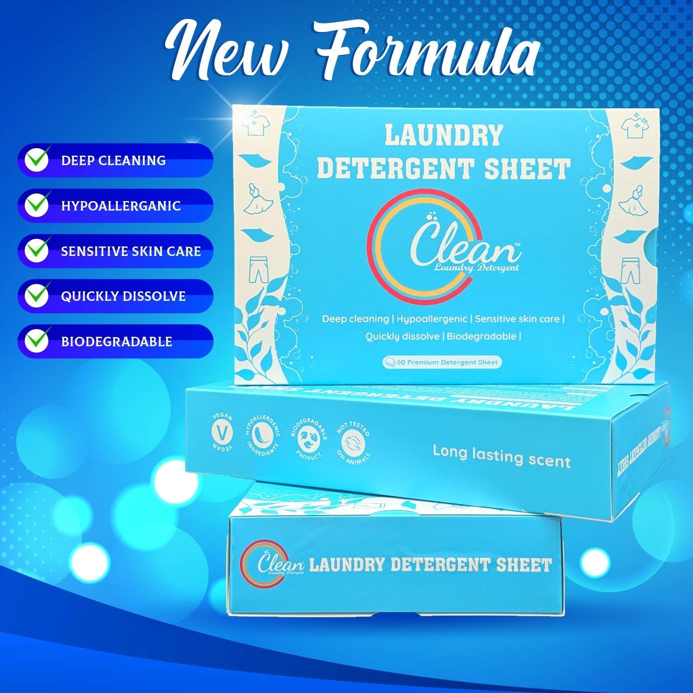 Clean Laundry Detergent™– Hypoallergenic, Eco-Friendly, Plant-Based, Biodegradable, 100% Natural – Gentle on Skin & Fabrics, Fresh Scent, 60 Premium Detergent Sheet