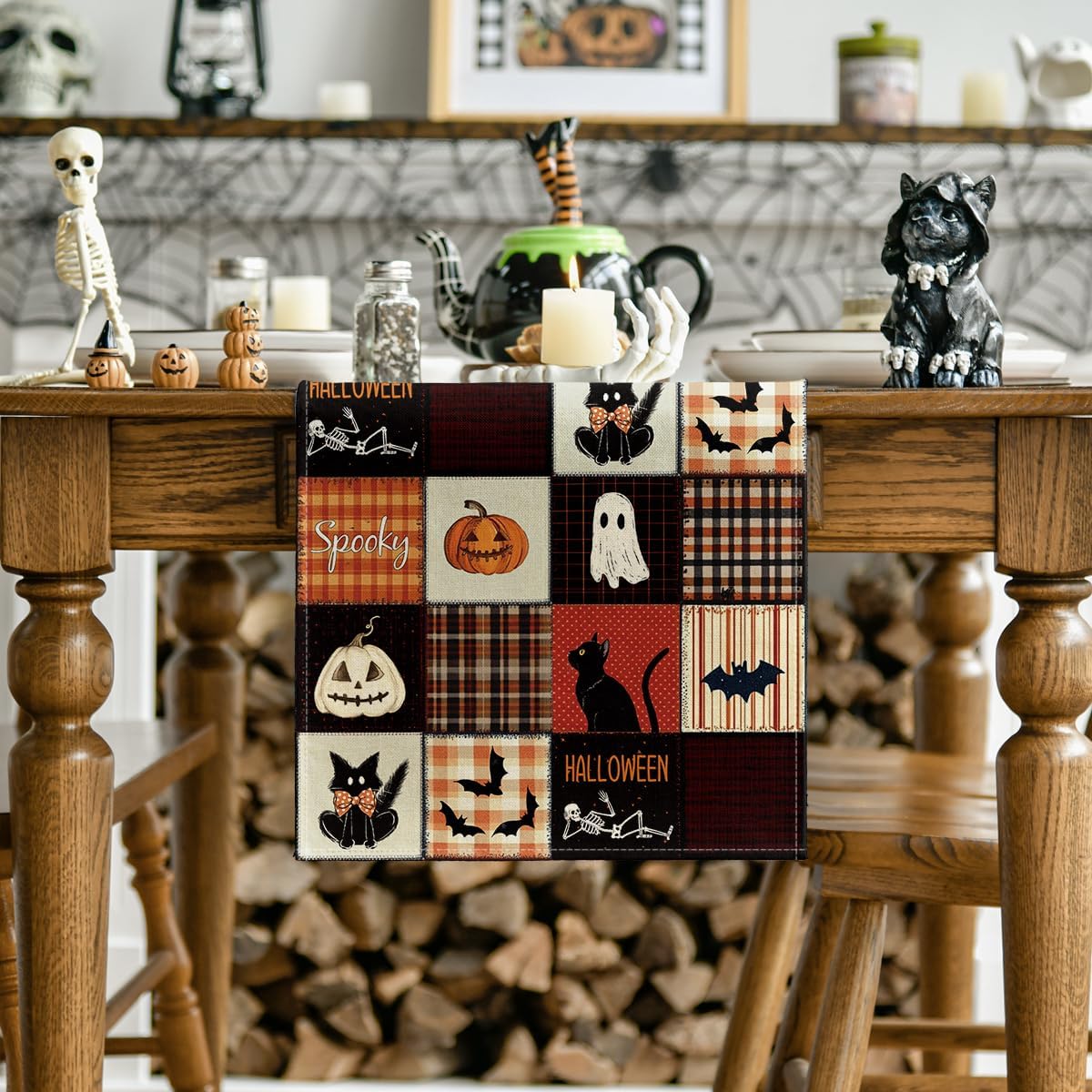 Artoid Mode Black Cat Bat Pumpkin Spooky 210 GSM Halloween Table Runner, Ghost Kitchen Dining Table Decoration for Home Party Decor 13x108 Inch