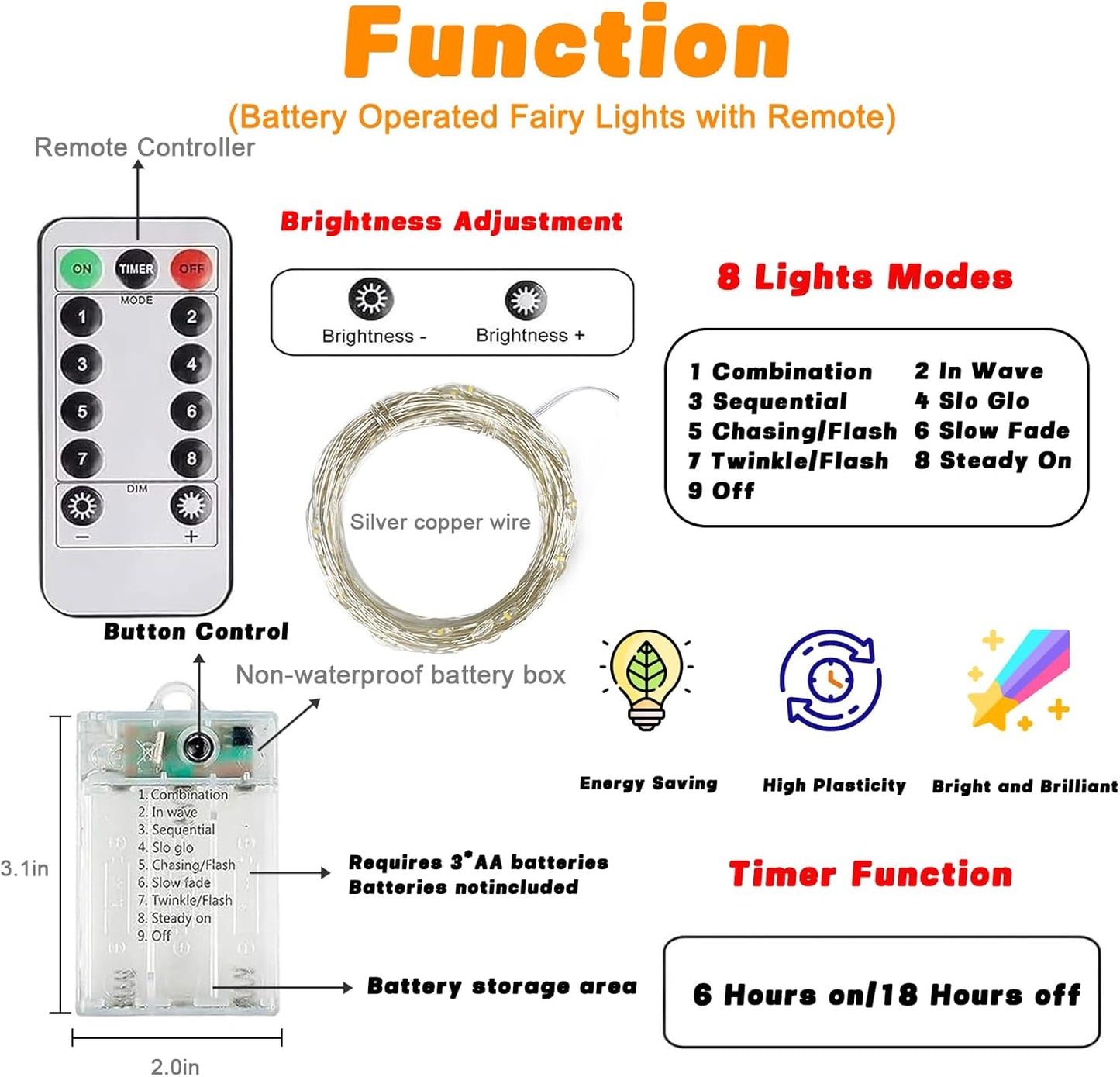 3 Pack 60LED Battery Operated Fairy Lights with Remote, 8 Modes LED String Lights with Timer, Dimmable, Memory Function, Waterproof Twinkle Fairy Lights for Outdoor Indoor Christmas Decor(Cool White)