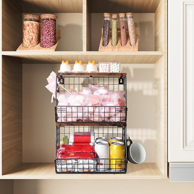 2pcs Fruit Basket Kitchen Storage Basket with Wood Lid, Stackable Wall Basket Fruit Basket for Kitchen, Countertop Organizer for Snack, Fruit and Veggie Storage, 11.8 x 7.9 x 8.5 Inch