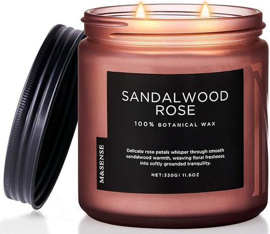 M&SENSE Sandalwood Rose Scented Candle - 11.6oz Natural Soy Wax Non Toxic 70-Hour Burn Long Lasting Candle, 2-Wick Strong Scent for Home - Slow-Burning Housewarming Gift for Men & Women