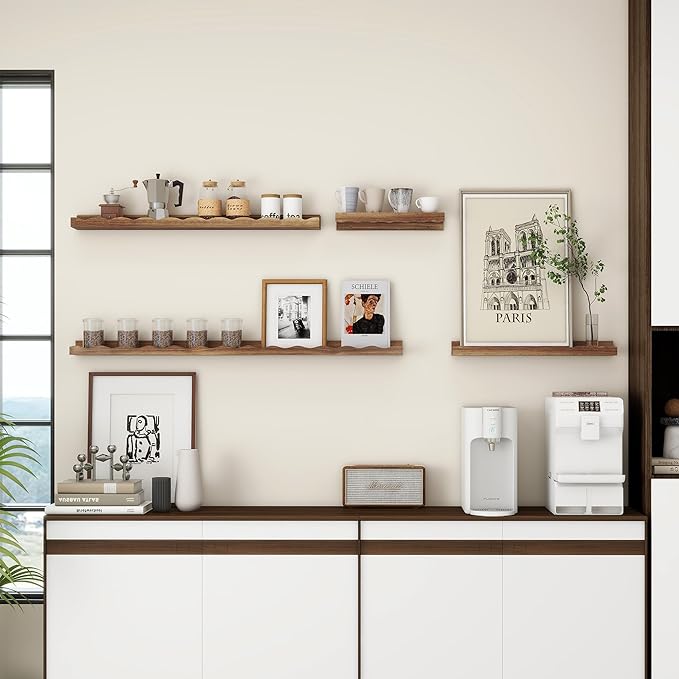 Fun Memories Picture Ledge Shelf for Wall, 48 inch Pine Wood Nursery Book Shelves Set of 2- Wall Book Shelves for Kids Room, Home Decor - Kitchen Spice-Carbonized