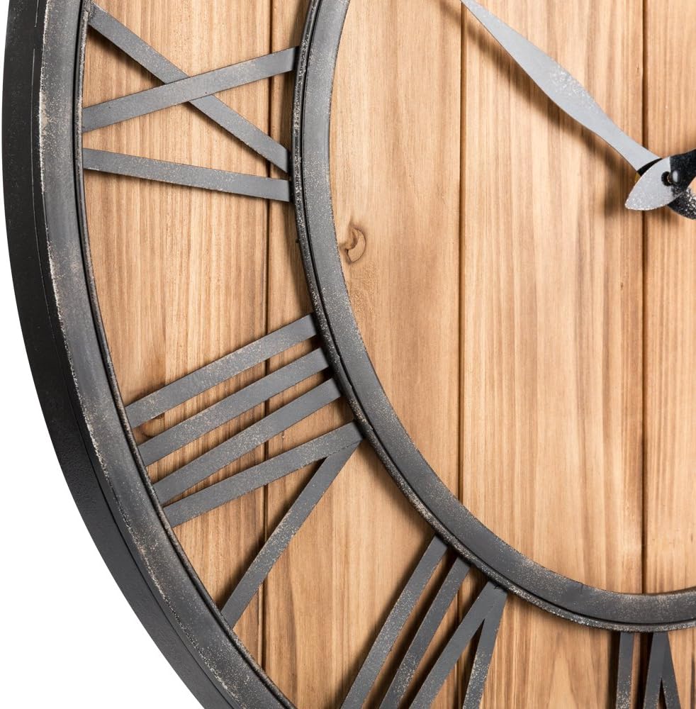 Oldtown Farmhouse Metal & Solid Wood Noiseless Wall Clock (Wood, 24-inch)