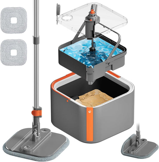 Upgraded Spin Mop and Bucket Set Self-Standing Mop Bucket Separate Dirty and Clean Water System Self Wringing 360° Rotating 90° Foldabl Mops and Buckets for Floor Cleaning (Dark Gray, 2Pads)